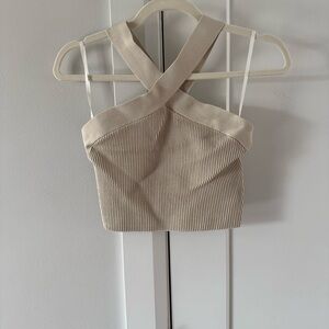 Aritiza Babaton Cream Ribbed Cross-Back Crop Top